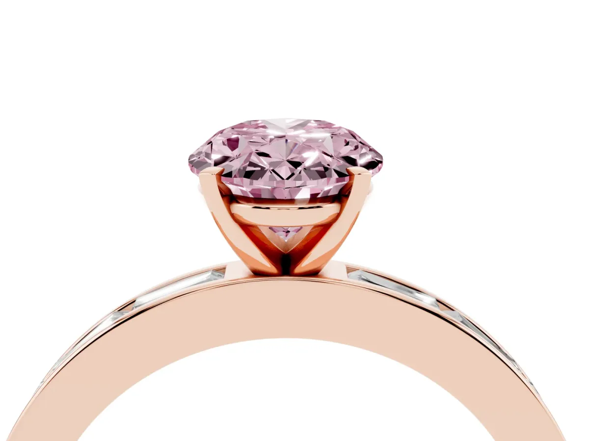 Fancy Pink Oval Cut Solitaire Diamond Ring with Channel-Set Baguette Band and Four-Prong Setting Rose gold
