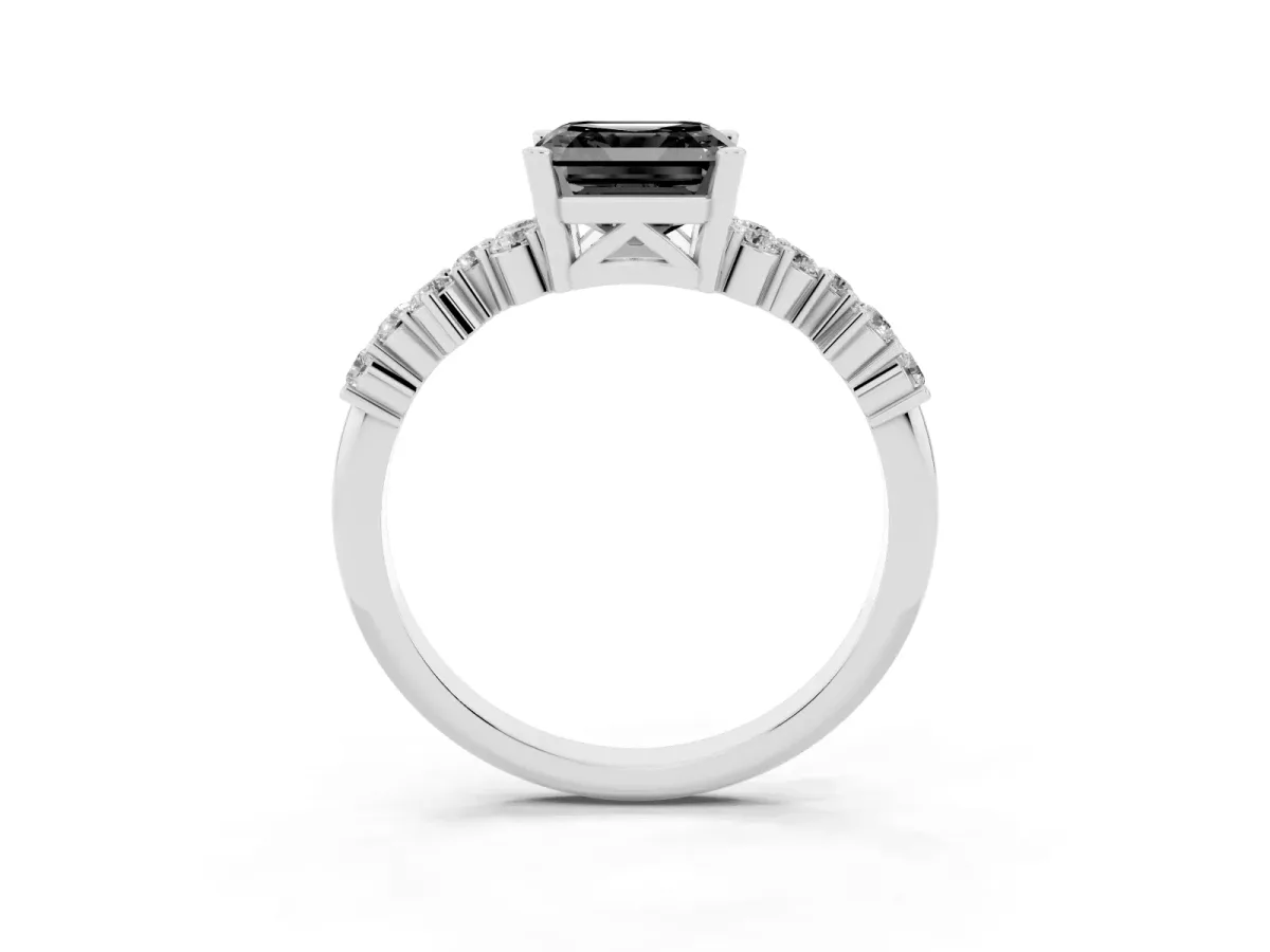 Fancy Black Asscher Cut Diamond Scattered Round Accent Ring with Prong Setting Silver