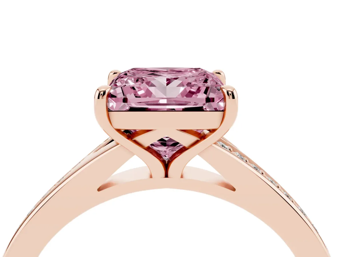 Fancy Pink Princess Cut Diamond Solitaire Ring with Pavé Band and Prong Setting Rose gold