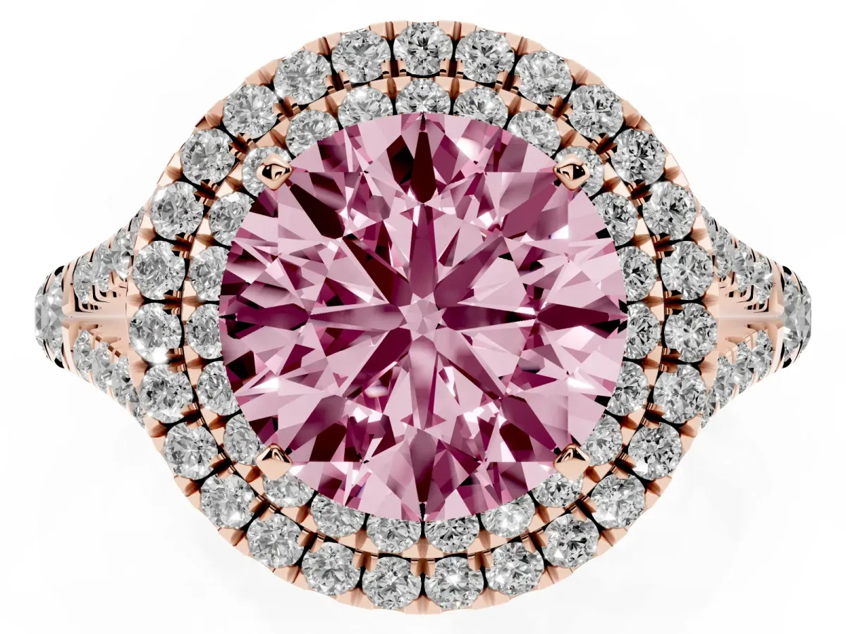 Fancy Pink Round Cut Cut Double Halo Split Shank Diamond Ring with Prong Setting Rose gold