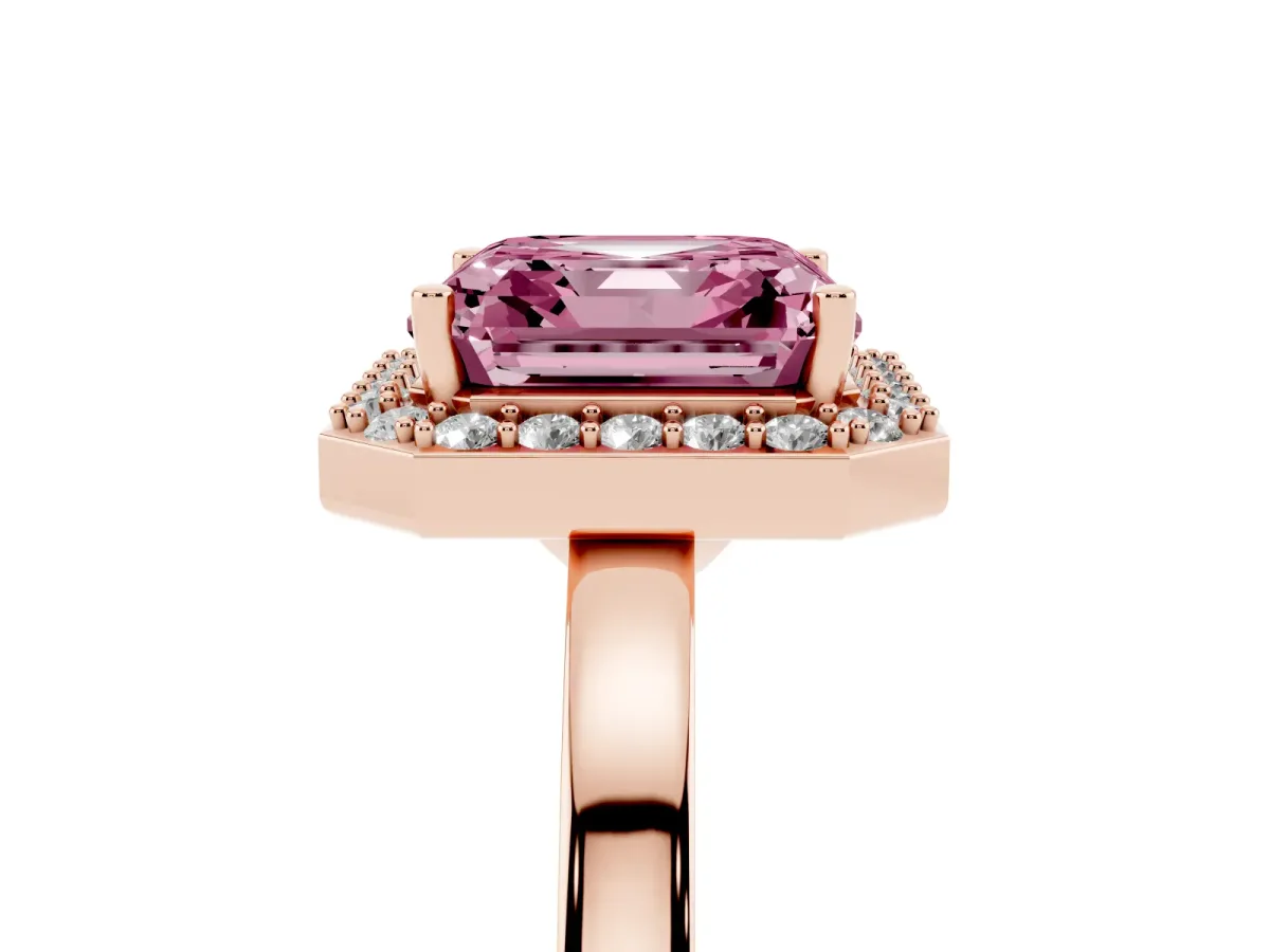Fancy Pink Asscher Cut Halo Diamond Ring with Solitaire Band and Prong Setting Rose gold