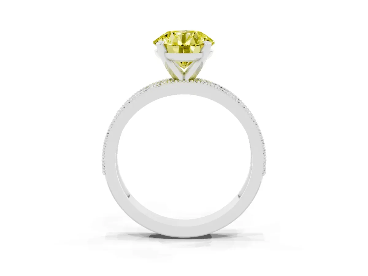Fancy Yellow Round Cut Diamond Milgrain Pavé Engagement Ring with Four-Prong Setting Silver