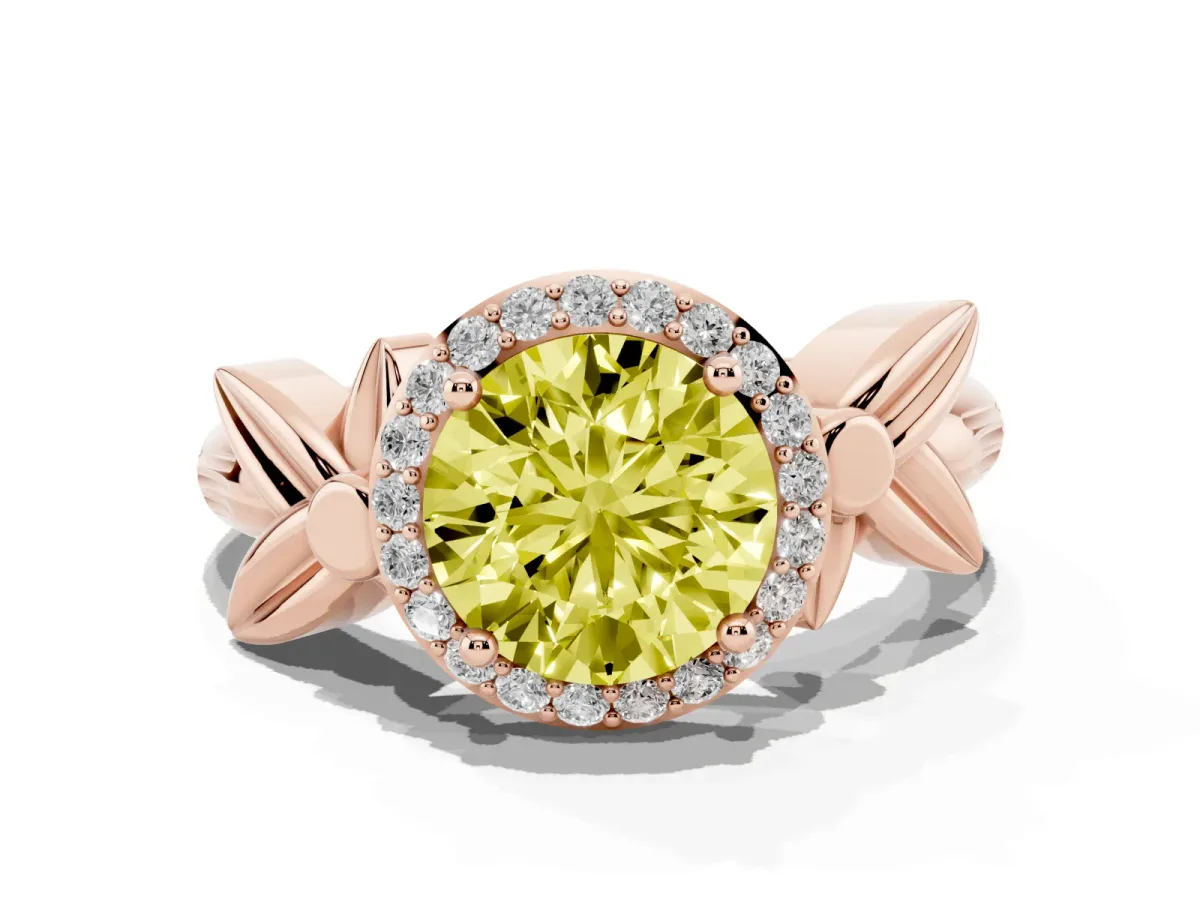 Fancy Yellow Round Cut Halo Diamond Floral Band with Four-Prong Setting Rose gold