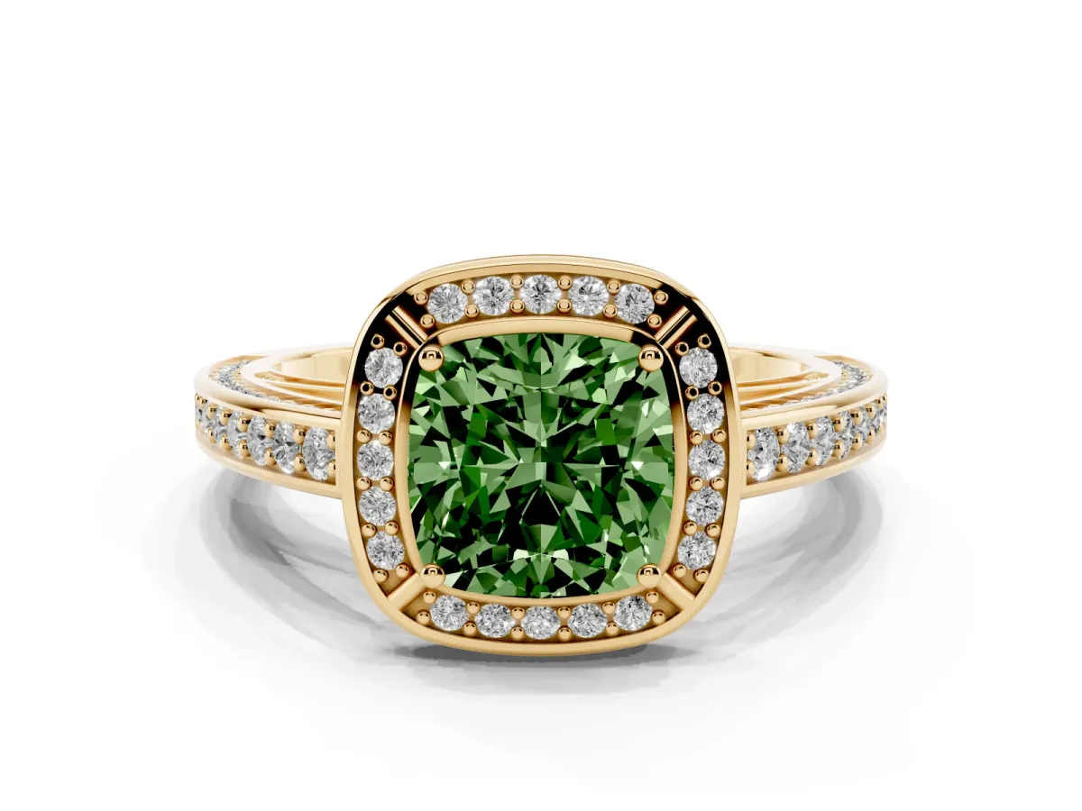 Fancy Green Cushion Cut Cut Halo Pave Split Shank Prong Setting Ring Yellow gold