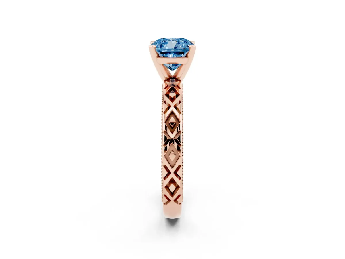 Fancy Blue Cushion Cut Solitaire Diamond Ring with Milgrain and Black Enamel X Pattern Band Rose gold