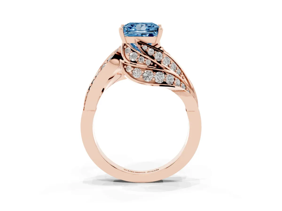 Fancy Blue Princess Cut Diamond Solitaire Ring with Prong Setting and Twisted Pavé Band Rose gold