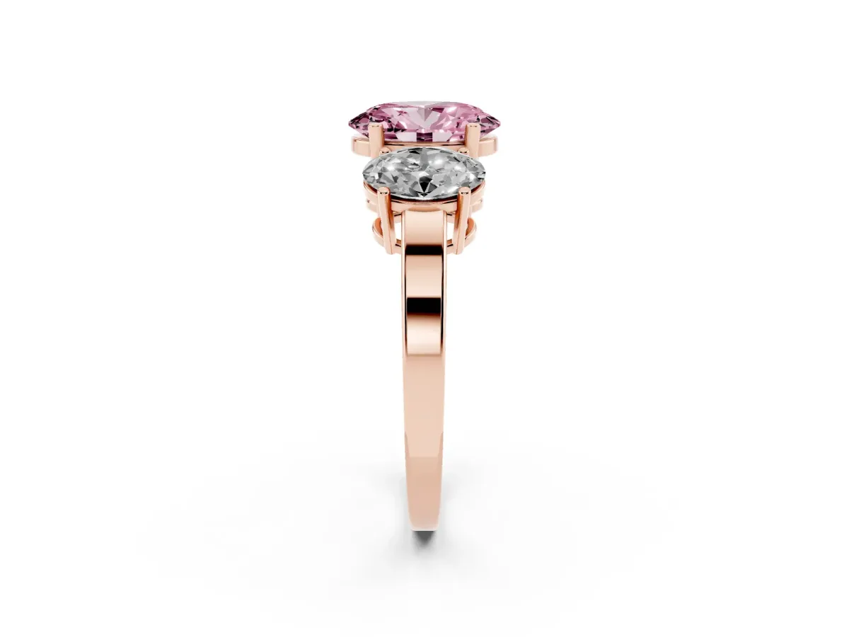 Fancy Pink Three-Stone Oval Cut Cut Diamond Engagement Ring with Flat Band and Four-Prong Setting Rose gold