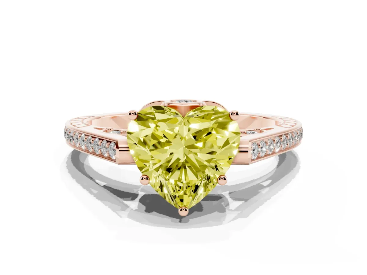 Fancy Yellow Heart Cut Cut Cathedral Pave Diamond Engagement Ring with Six-Prong Setting Rose gold