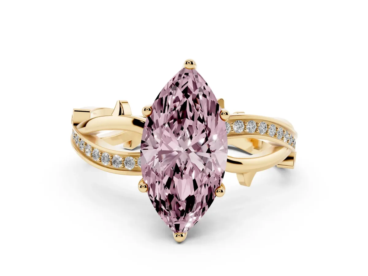 Fancy Pink Marquise Cut Solitaire Twist Band with Pavé Accents and Four-Prong Setting Yellow gold