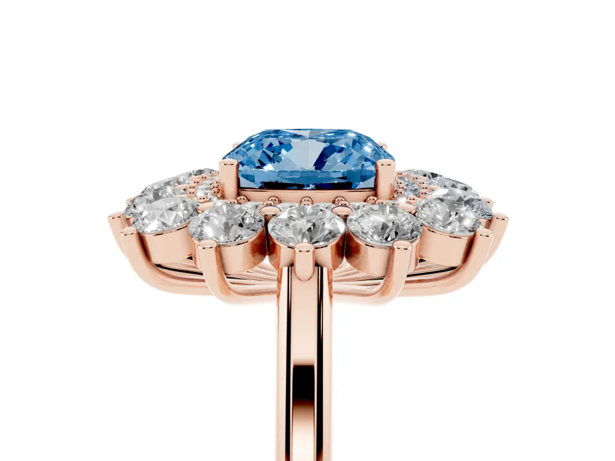 Fancy Blue Cushion Cut Diamond Floral Double Halo Engagement Ring with Prong Setting Rose gold
