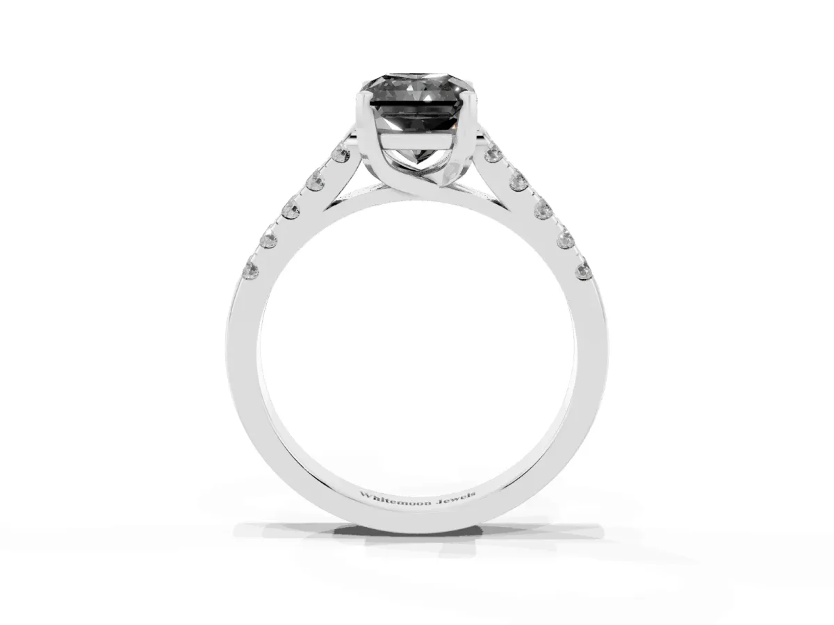 Fancy Black Radiant Cut Diamond Pavé Band Solitaire Ring with Prong Setting Platinum