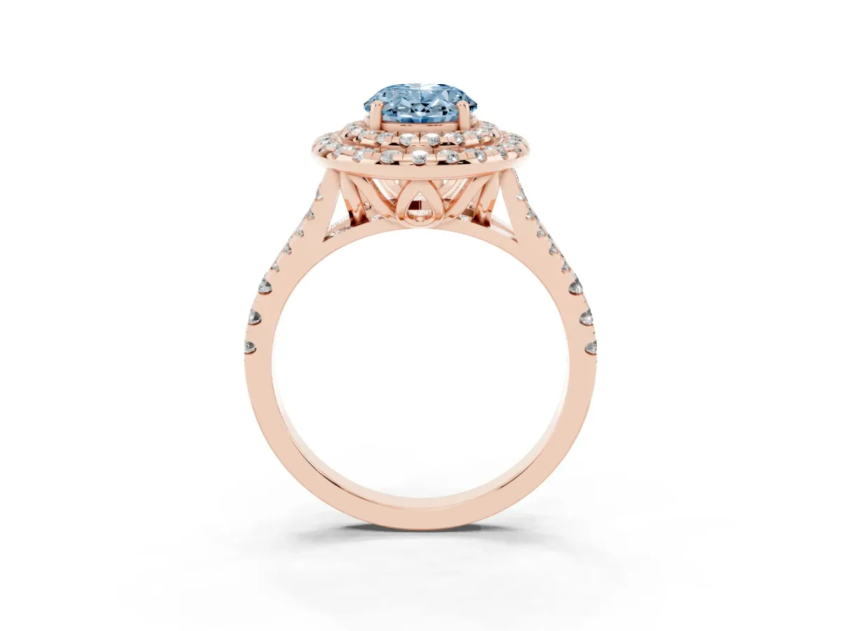 Fancy Blue Double Halo Oval Cut Diamond Pavé Split Shank Ring with Prong Setting Rose gold