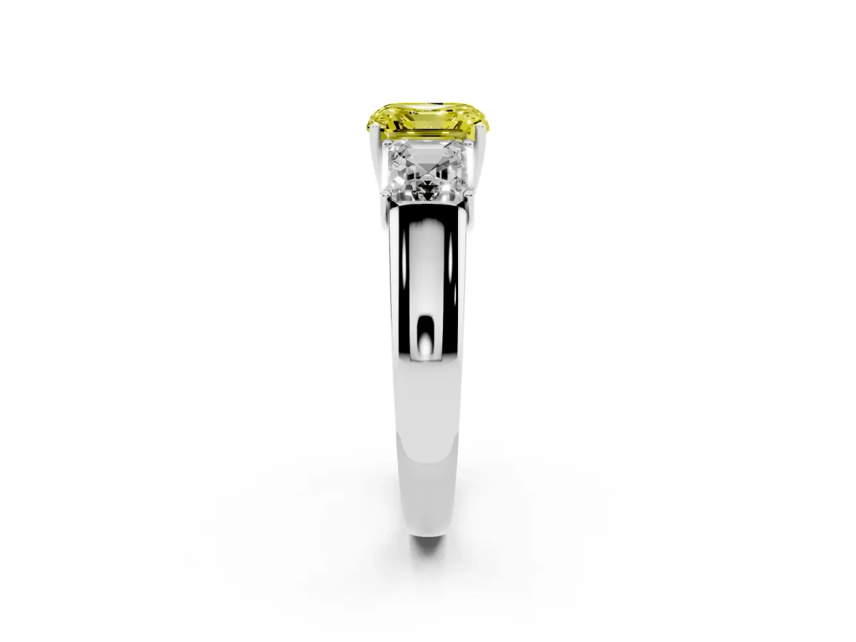 Fancy Yellow Three-Stone Asscher Cut Cut Diamond Ring with Prong Setting and Classic Band Silver
