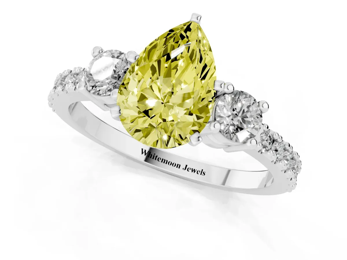 Fancy Yellow Pear Cut Three-Stone Diamond Pavé Band with Prong Setting Silver