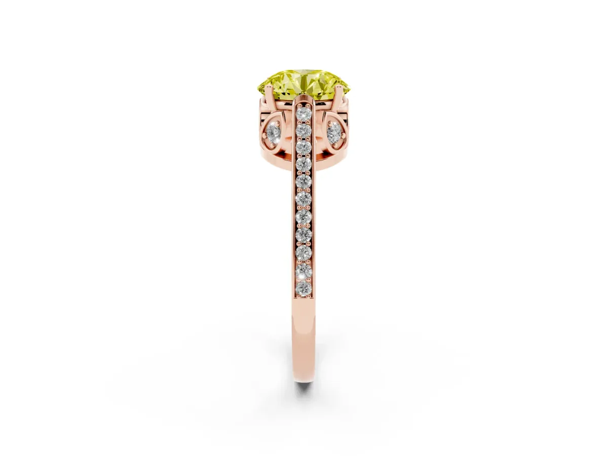 Fancy Yellow Round Cut Cut Cathedral Pave Diamond Engagement Ring with Six-Prong Setting Rose gold