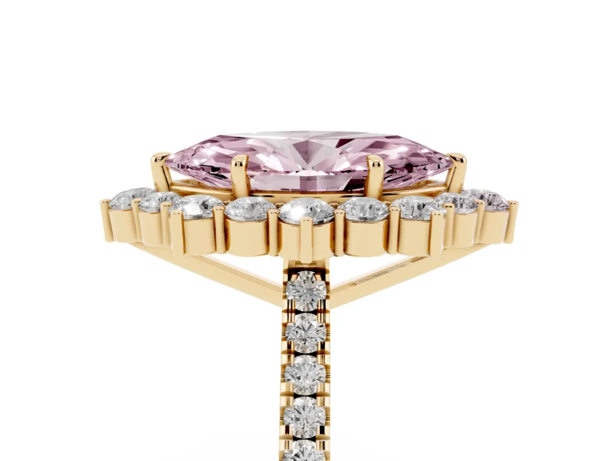 Fancy Pink Marquise Cut Halo Diamond Ring with Pavé Band and Prong Setting Yellow gold