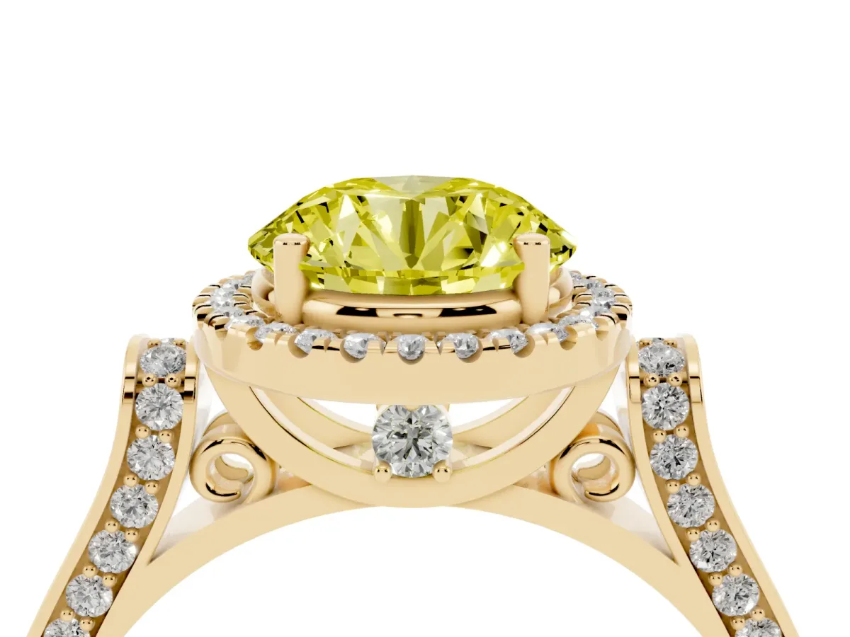 Fancy Yellow Round Cut Halo Pave Split Shank Prong Setting Ring Yellow gold