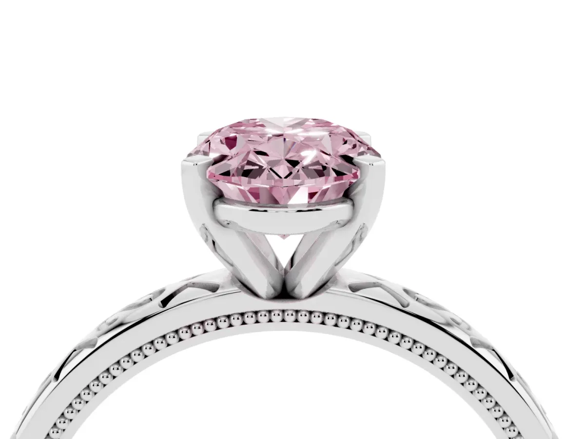 Fancy Pink Oval Cut Solitaire Engagement Ring with Scrollwork Band and Four-Prong Setting Silver