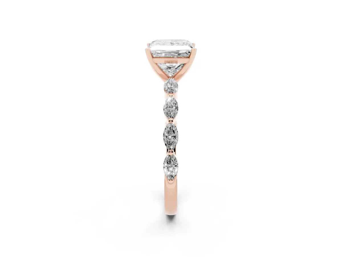 Princess Cut Diamond Ring with Marquise Side Stones and Prong Setting Rose gold