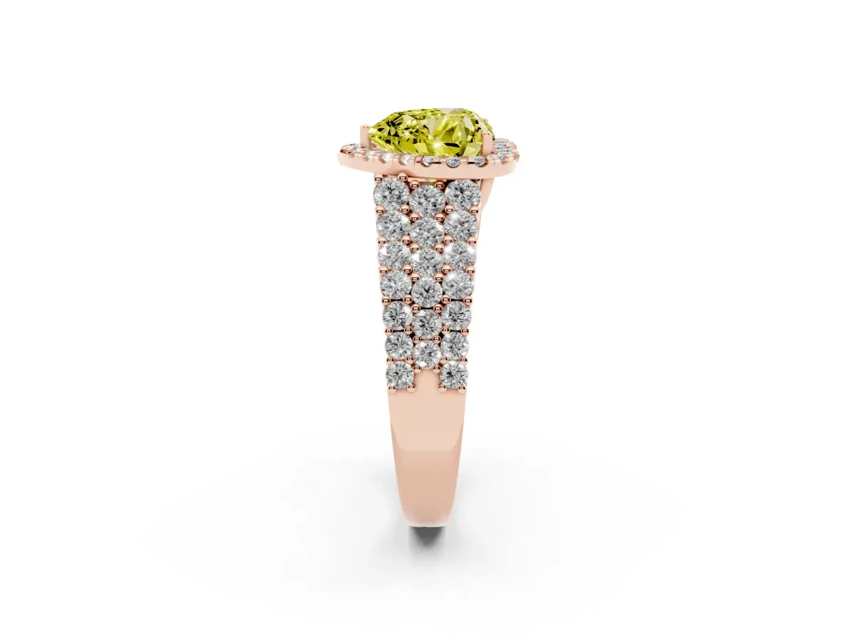 Fancy Yellow Heart Cut Diamond Halo Engagement Ring with Triple Row Round Pavé Band and Prong Setting Rose gold