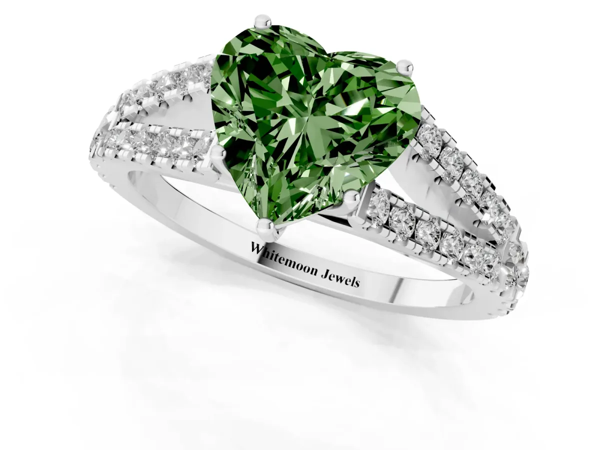 Fancy Green Heart Cut Diamond Split Shank Engagement Ring with Round Pavé and Prong Setting Silver
