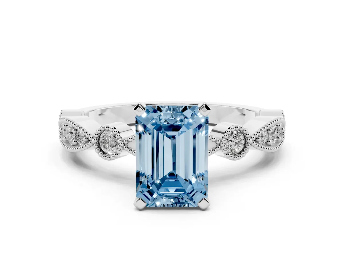Fancy Blue Emerald Cut Milgrain Bezel Diamond Engagement Ring with Solitaire Prong Setting Silver