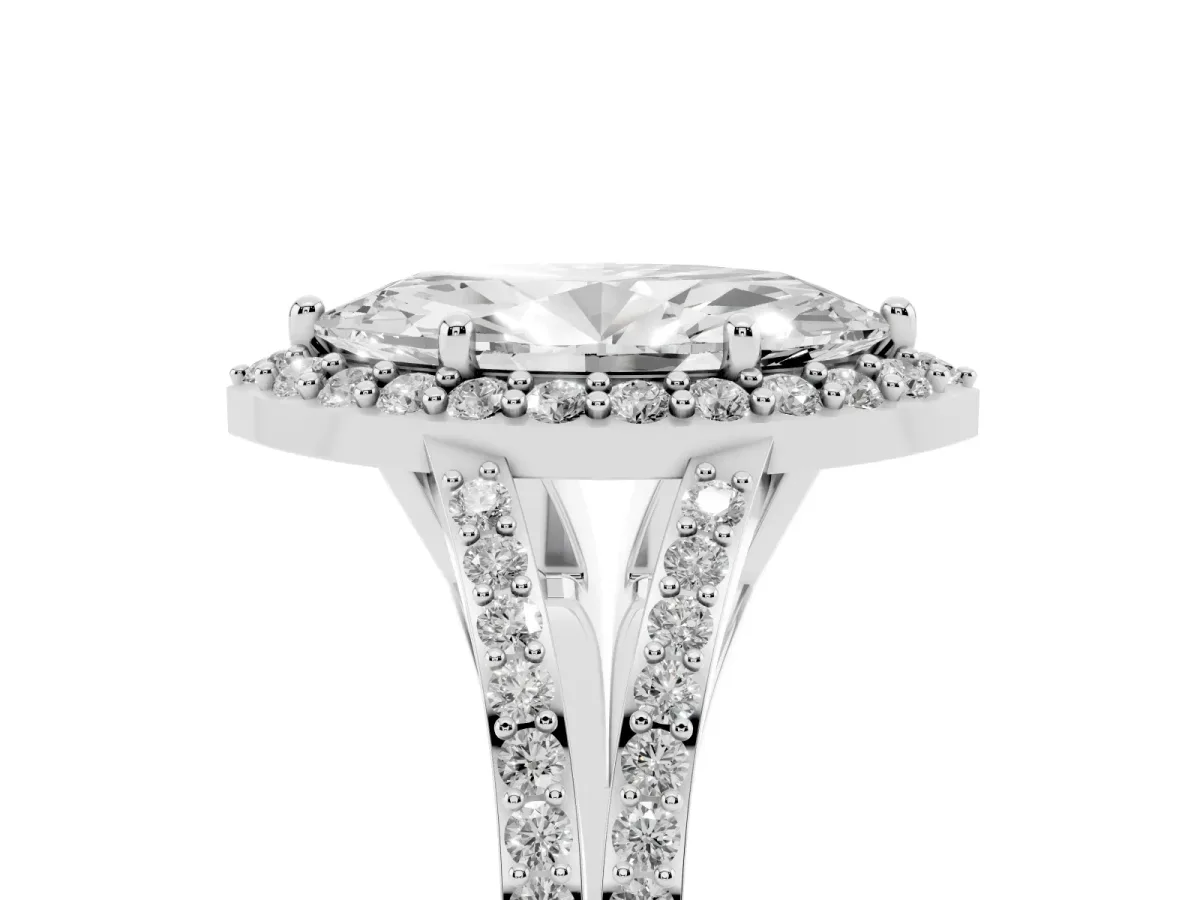 Marquise Cut Halo Split Shank Diamond Ring with Prong Setting Silver