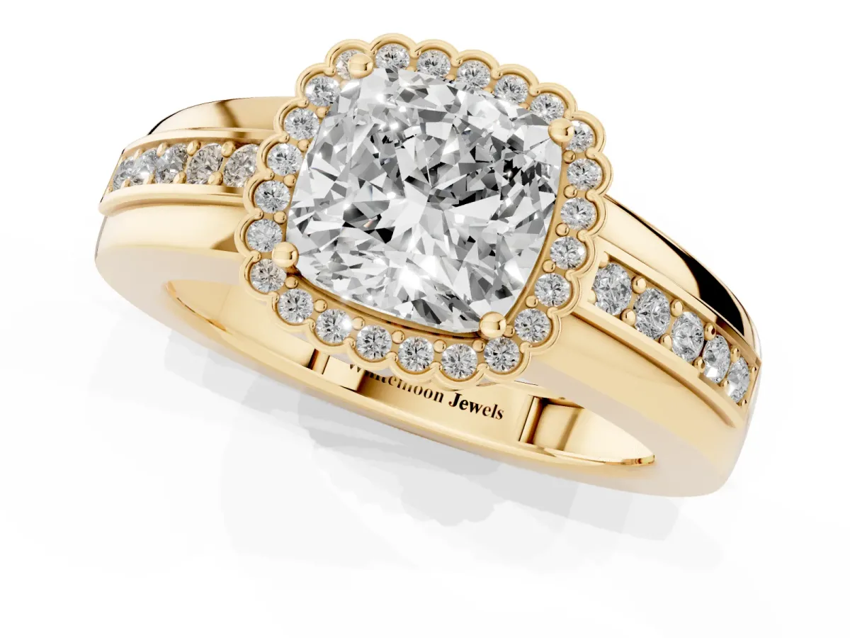 Cushion Cut Cut Halo Pave Band Four-Prong Ring Yellow gold