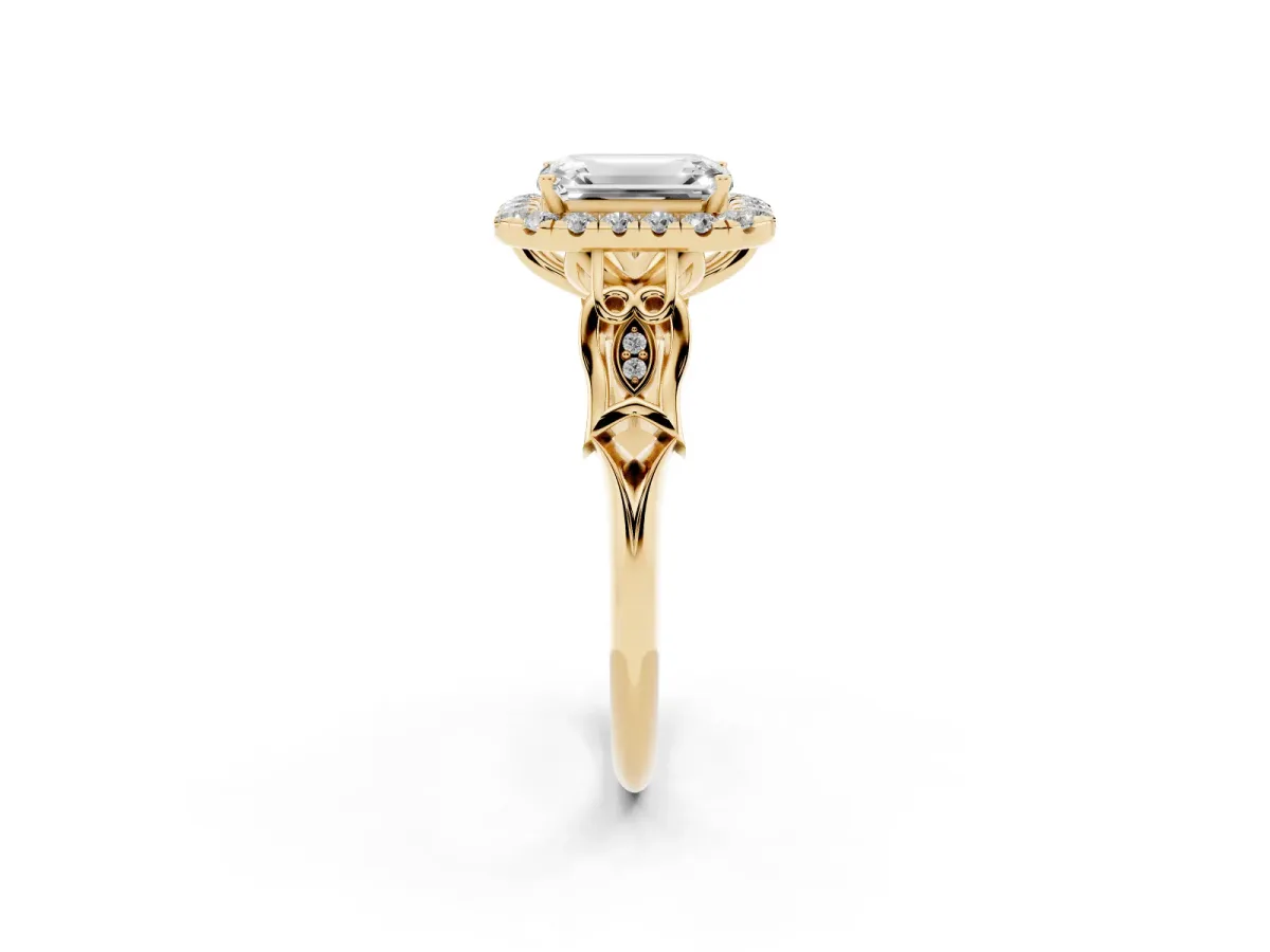 Emerald Cut Halo Diamond Engagement Ring with Filigree Band and Four-Prong Setting Yellow gold