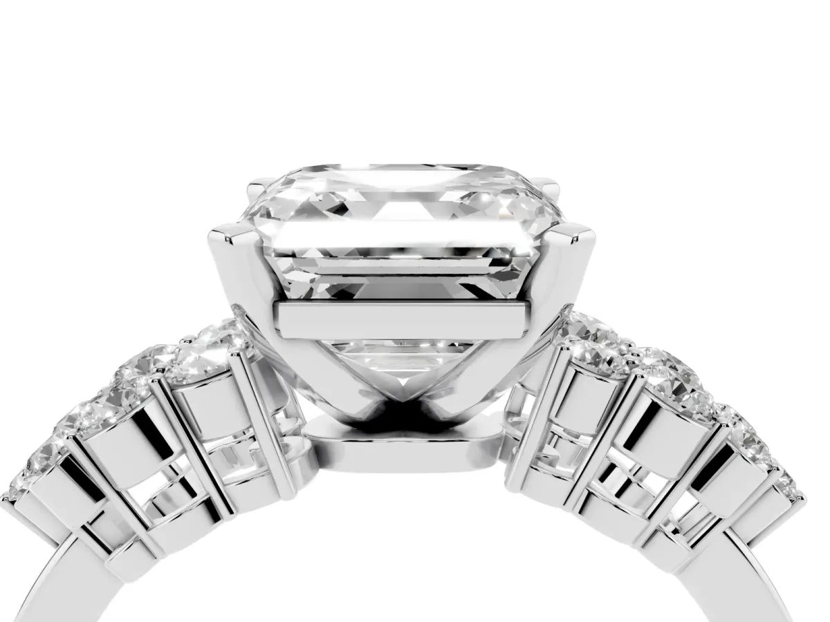 Asscher Cut Cluster Diamond Engagement Ring with Pavé Band and Four-Prong Setting Silver