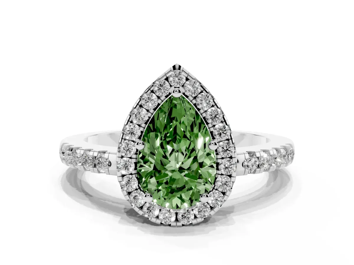 Fancy Green Pear Cut Halo Diamond Engagement Ring with Pavé Band and Four-Prong Setting Silver