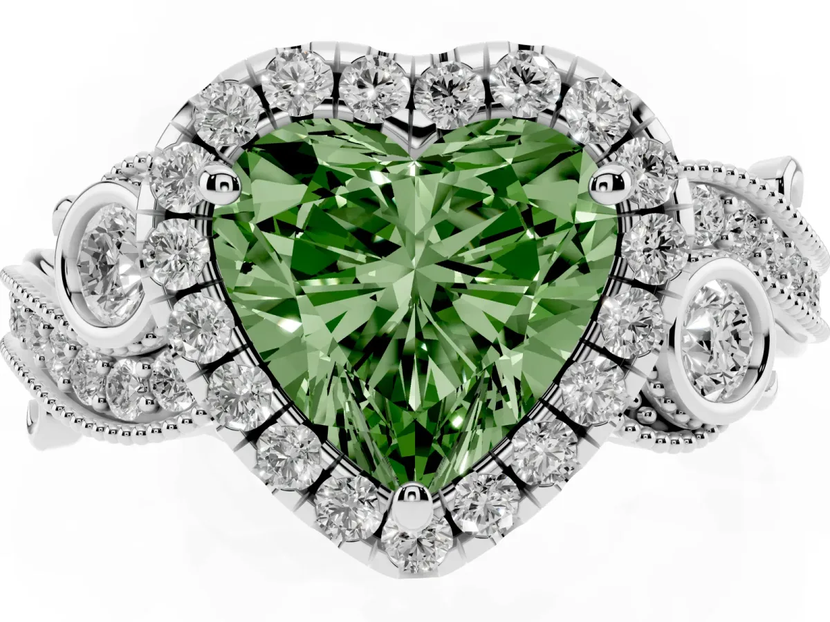 Fancy Green Heart Cut Halo Diamond Ring with Milgrain and Bezel Accents on a Split Shank Band White gold