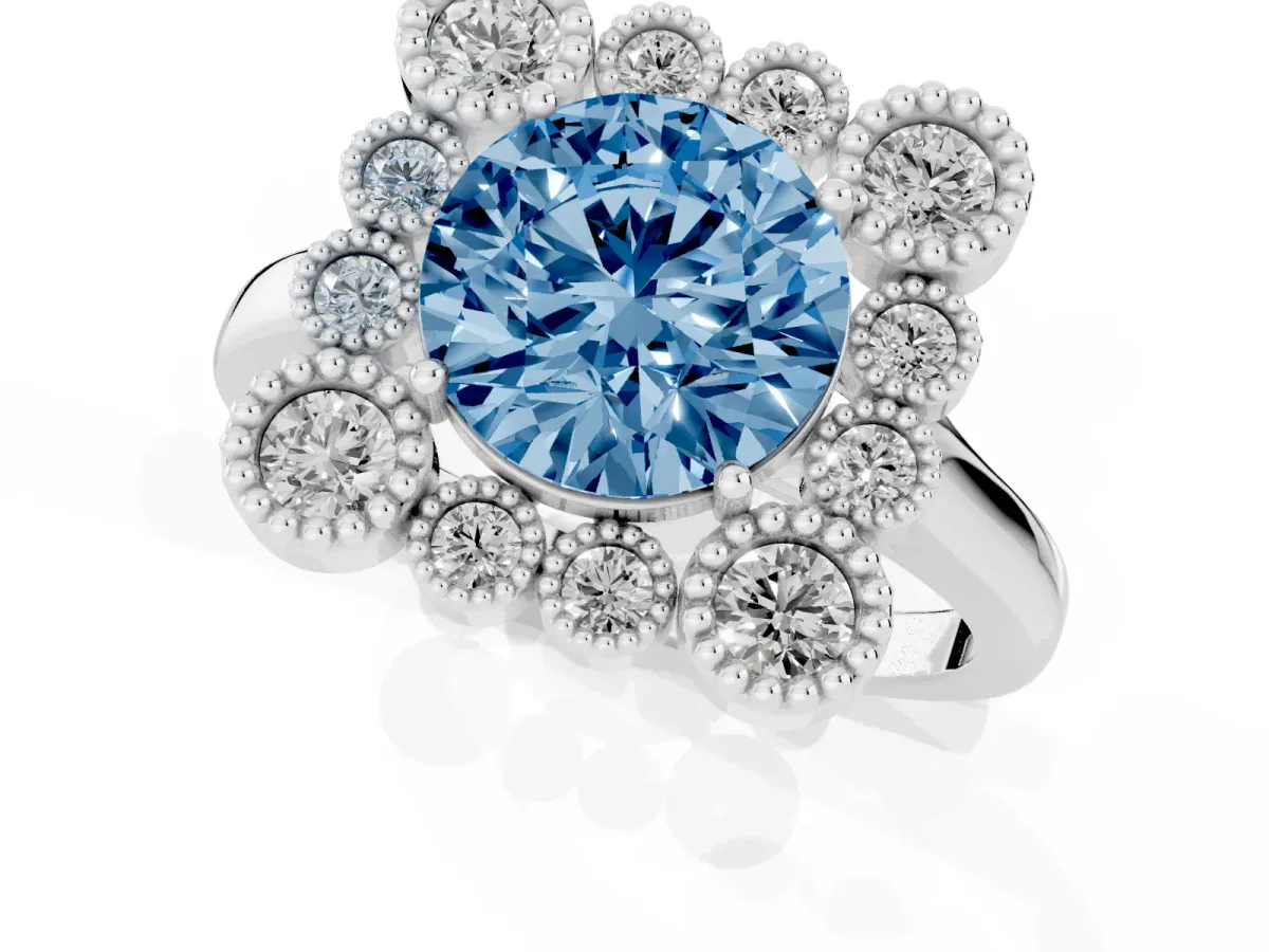 Fancy Blue Round Cut Halo Diamond Cluster Engagement Ring with Milgrain Bezel Setting and Solitaire Band Platinum