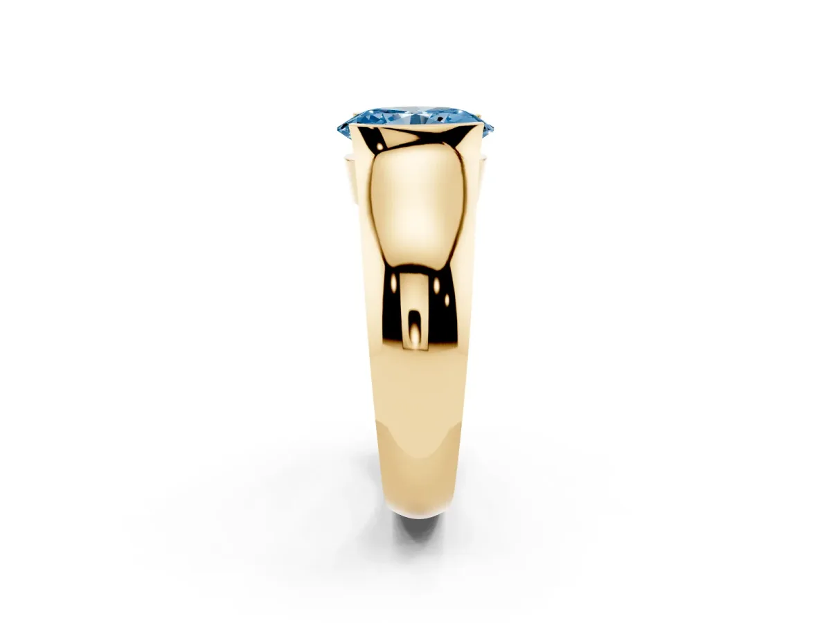 Fancy Blue Oval Cut Solitaire Bezel Set Diamond Ring with Wide Band Yellow gold