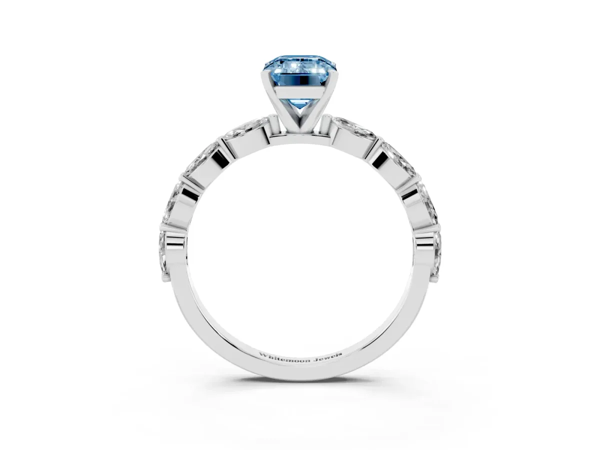 Fancy Blue Emerald Cut Diamond Ring with Marquise Side Stones and Prong Setting Platinum