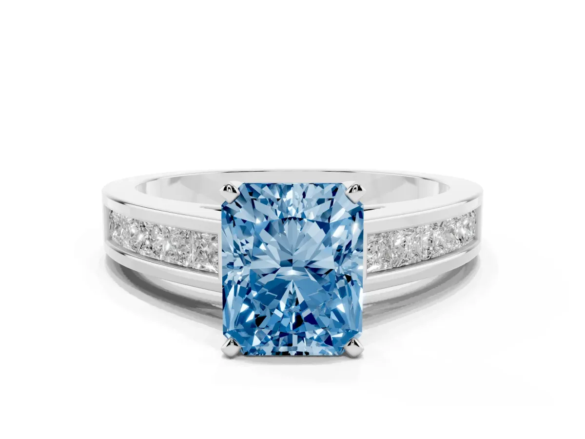Fancy Blue Radiant Cut Solitaire Diamond Ring with Channel-Set Band and Four-Prong Setting Silver