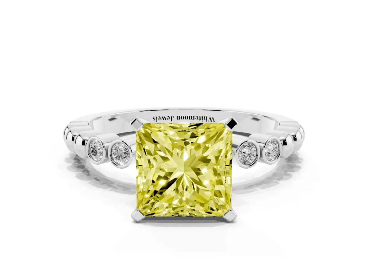 Fancy Yellow Princess Cut Solitaire Bezel Accent Diamond Engagement Ring with Beaded Band and Four-Prong Setting Silver