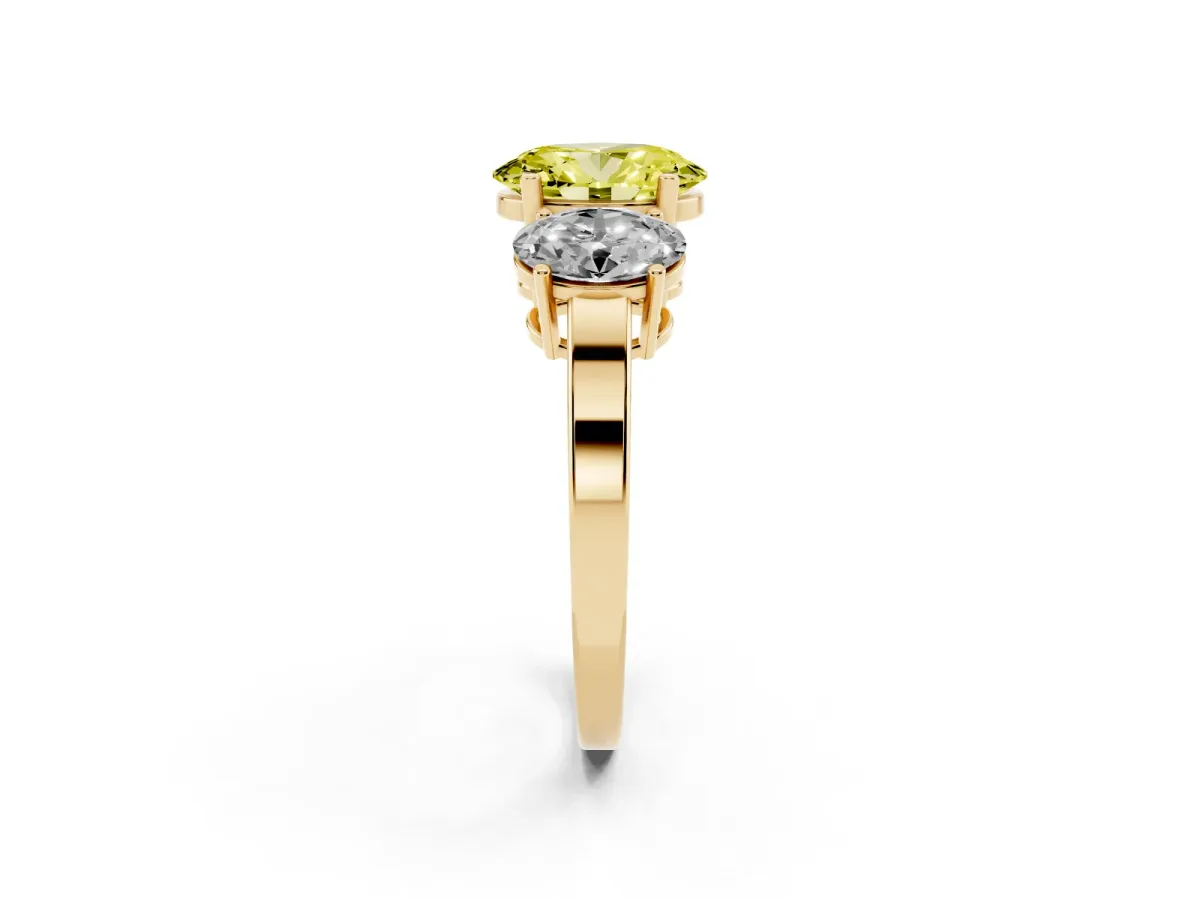 Fancy Yellow Three-Stone Oval Cut Cut Diamond Engagement Ring with Flat Band and Four-Prong Setting Yellow gold