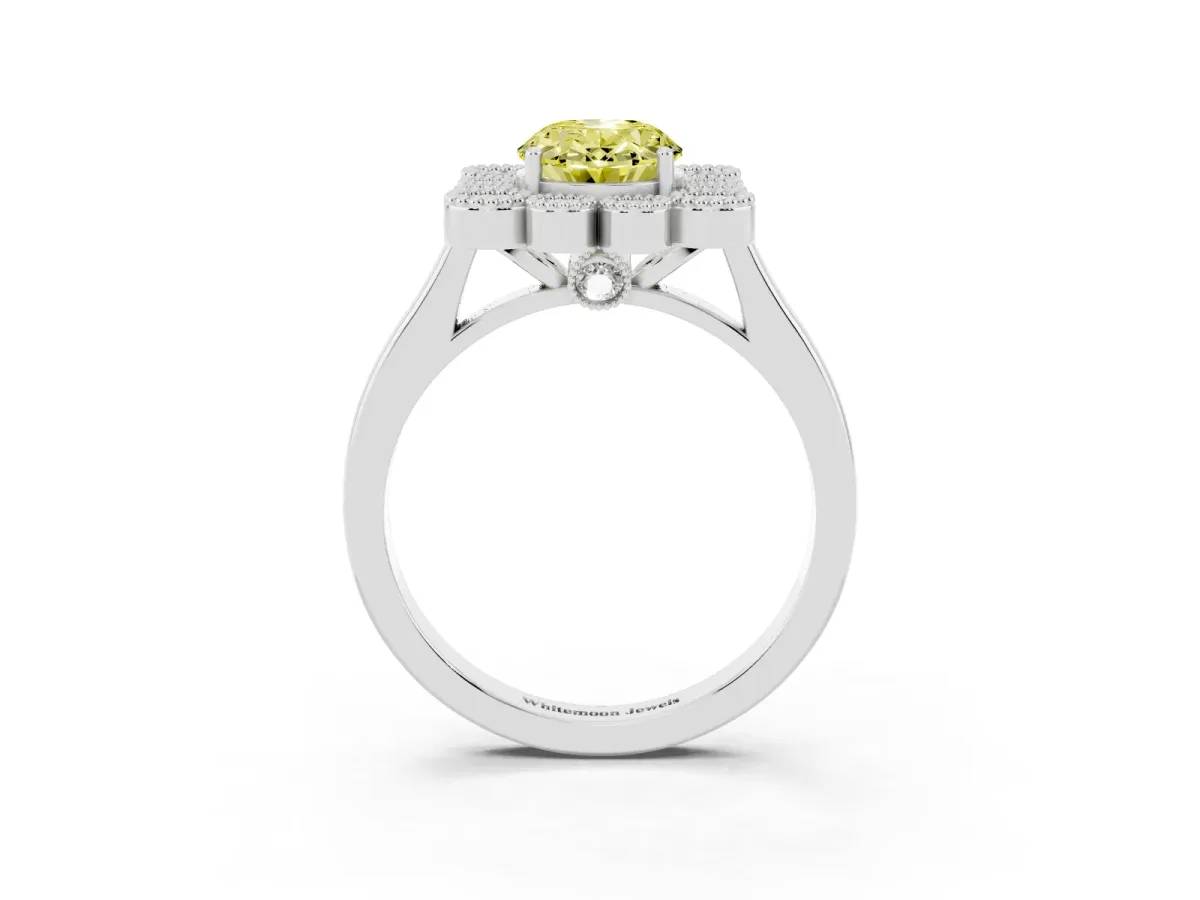 Fancy Yellow Oval Cut Halo Diamond Cluster Engagement Ring with Milgrain Bezel Setting and Solitaire Band Silver