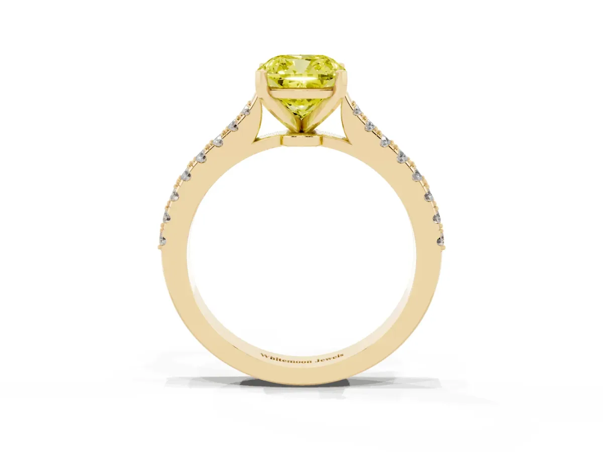 Fancy Yellow Cushion Cut Cut Solitaire Diamond Engagement Ring with Pave Band and Four-Prong Setting Yellow gold