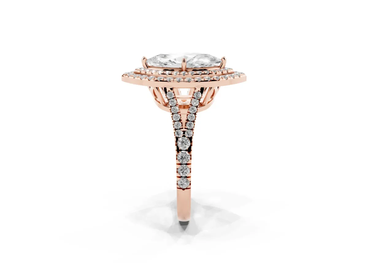 Marquise Cut Diamond Double Halo Ring with Pavé Band and Prong Setting Rose gold