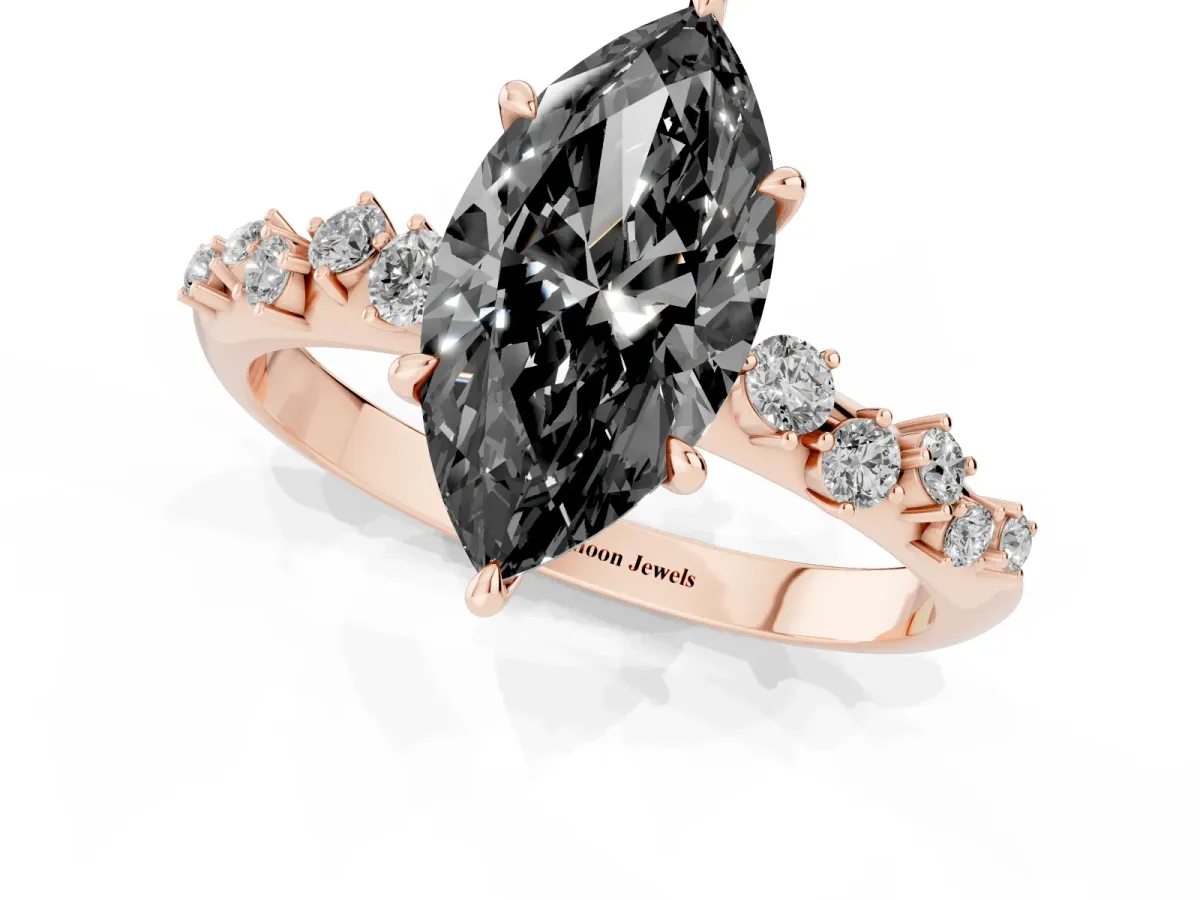 Fancy Black Marquise Cut Diamond Cluster Side Stone Solitaire Ring with Prong Setting Rose gold