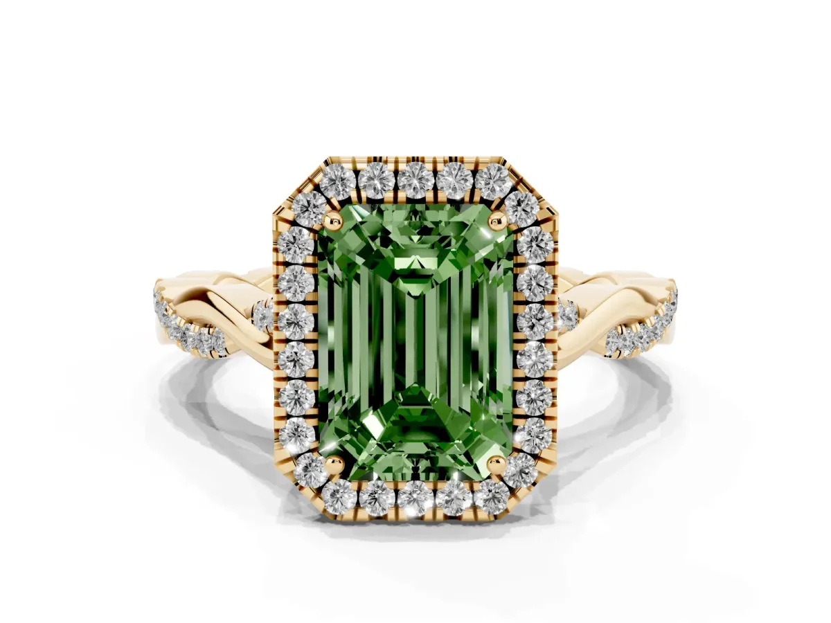 Fancy Green Emerald Cut Halo Twist Band Solitaire Ring Yellow gold
