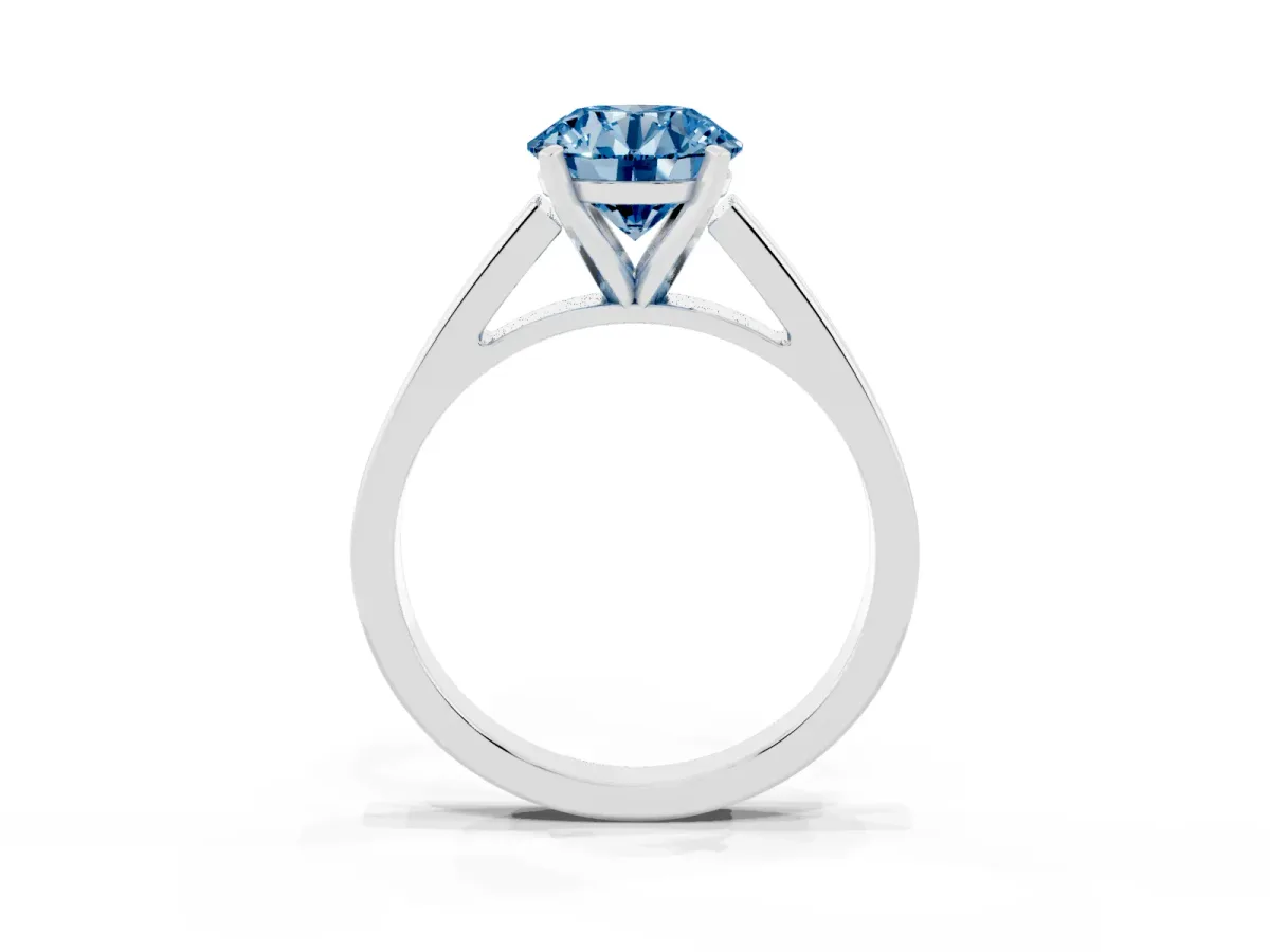 Fancy Blue Round Cut Solitaire Engagement Ring with Four-Prong Setting and Tapered Band Platinum