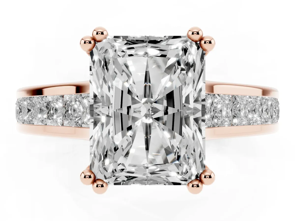Radiant Cut Cut Channel Set Solitaire Engagement Ring with Prong Setting Rose gold