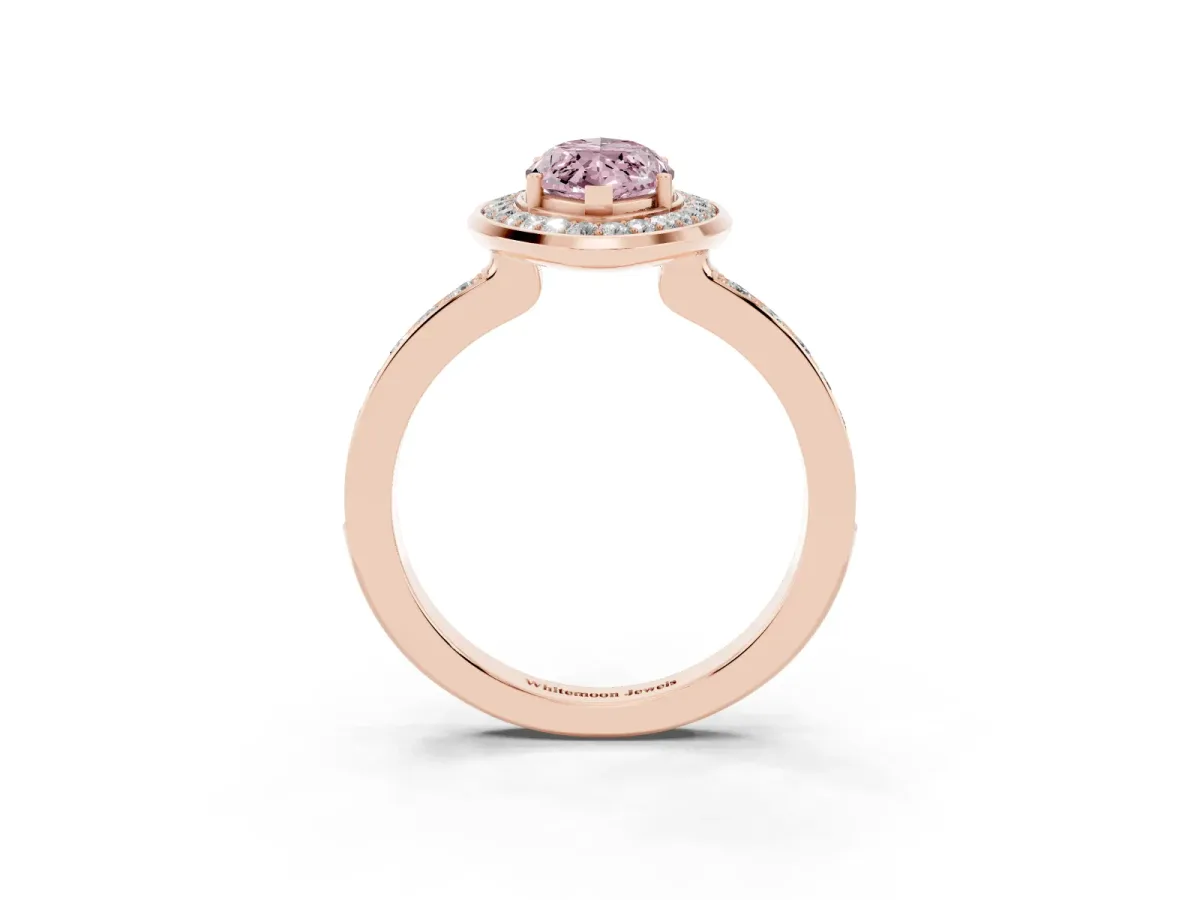 Fancy Pink Marquise Cut Diamond Halo Ring with Bezel Frame and Pavé Band Rose gold