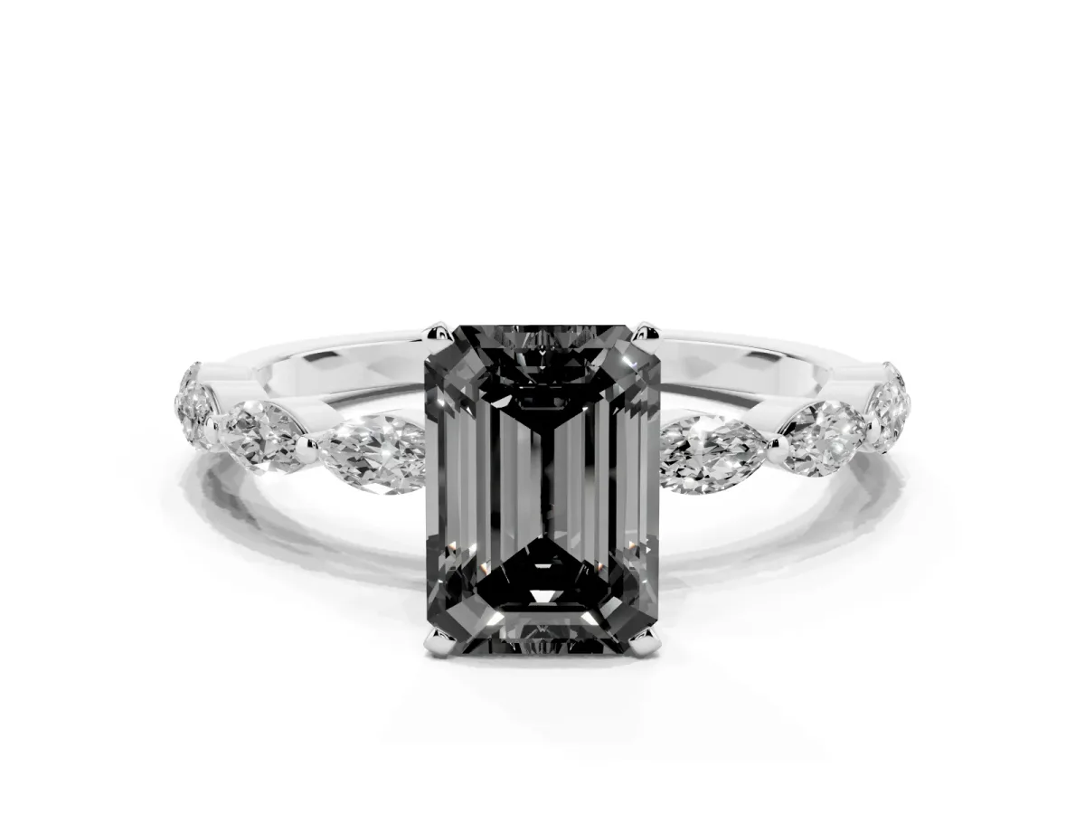 Fancy Black Emerald Cut Diamond Ring with Marquise Side Stones and Prong Setting Platinum