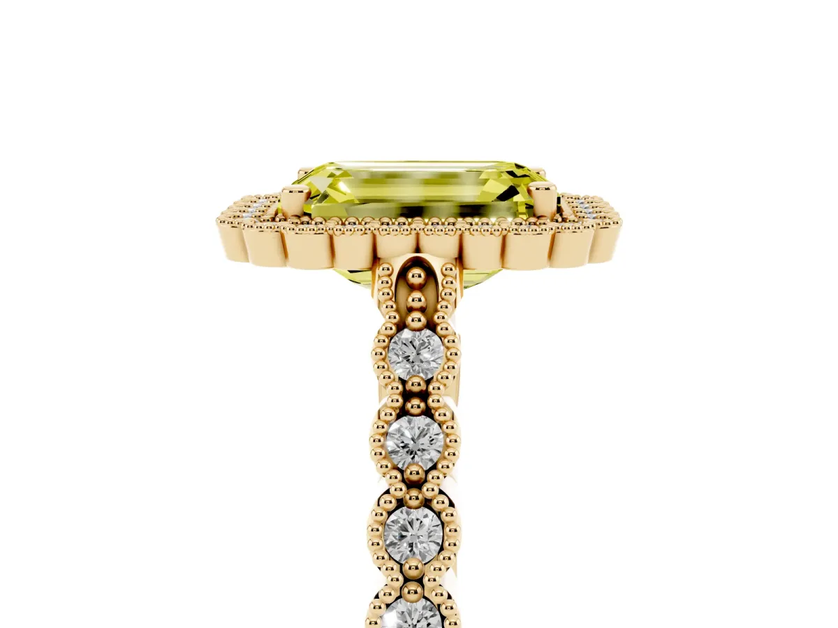 Fancy Yellow Emerald Cut Cut Halo Pavé Solitaire Ring with Milgrain Band Yellow gold