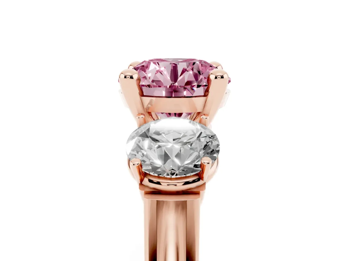 Fancy Pink Three-Stone Round Cut Brilliant Diamond Trellis Ring with Comfort Fit Band Rose gold