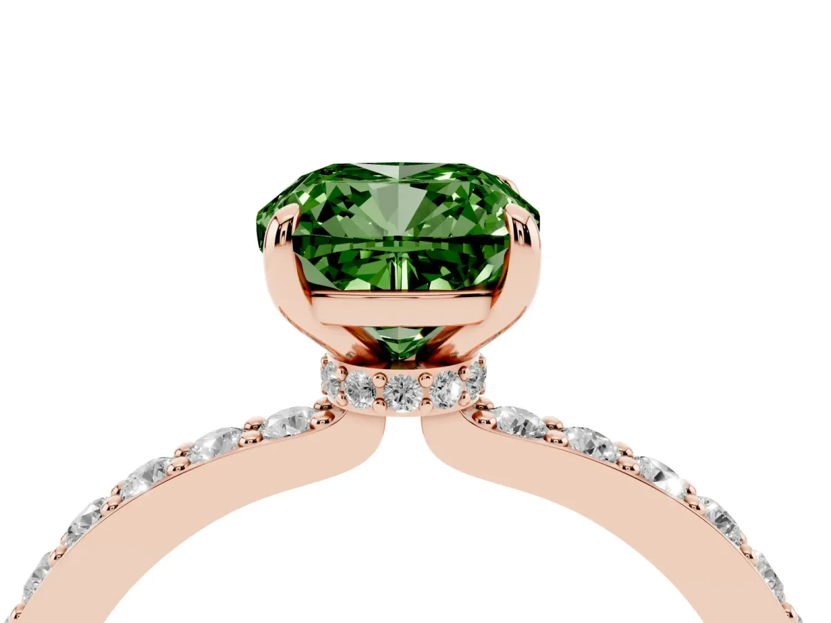Fancy Green Cushion Cut Diamond Solitaire Engagement Ring with Pavé Band and Four-Prong Setting Rose gold
